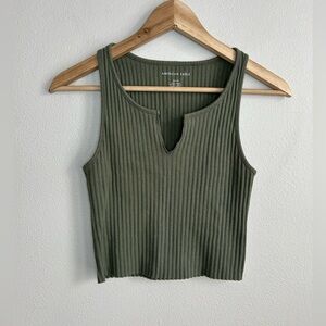 American Eagle V Notch Neck Ribbed Crop Tank Top Olive Green Size S Small